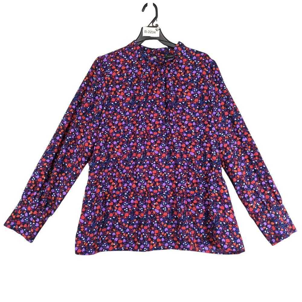 Halogen Floral Peplum Flowy Blouse Womens Plus Size 2X Navy Purple Puff Sleeve